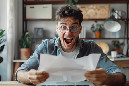 Delighted man in glasses reads a letter, laughing with sheer joy in a warmly-lit cafe.の素材