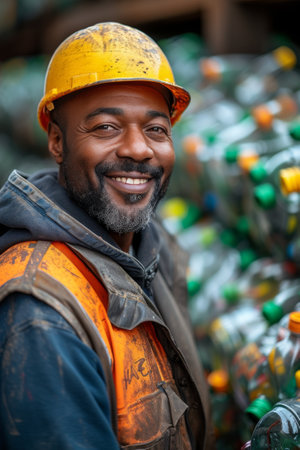 Cheerful worker dons hi vis gear, sharing a smile amidst a backdrop of compressed recyclables.の素材