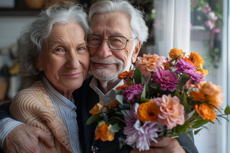 Senior couple warmly embraces, sharing a cheerful moment with a bouquet of flowers, radiating love and contentment.の素材