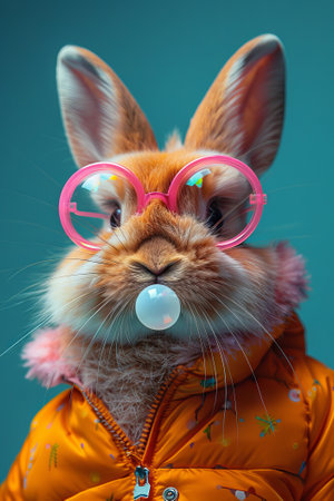 A lop-eared rabbit dons pink goggles and a cozy jacket as it blows a perfect bubble gum bubble.の素材