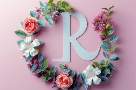 The letter R is elegantly surrounded by a variety of colorful flowers and lush green leaves, creating a beautiful and artistic composition.の素材