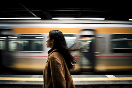 Woman stands calmly as a train speeds by her on a station platform, the hustle of city life a blur around her.の素材