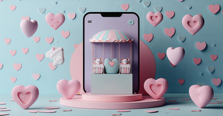 Mockup of a smartphone screen with a carousel animation and hearts in the backgroundの素材