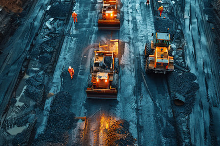 Construction workers in bright orange gear lay tarmac on a wet road, using large machinery. The workers are carefully maneuvering the equipment, creating a smooth surfaceの素材