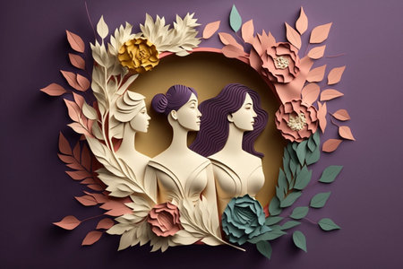 Three distinct paper figures emerge from a lush arrangement of colorful flowers and leaves, embodying grace and creative artistry.の素材