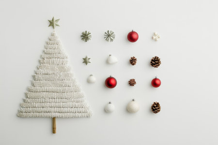 Delight in the charm of a handmade tree adorned with vibrant ornaments and pinecones, evoking a cozy holiday spirit within a minimalist space.の素材