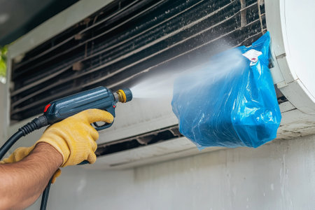 A person in blue gloves sprays soap and water on an outdoor air conditioning unit to ensure it remains clean and functional.の素材