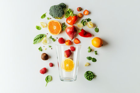 An array of colorful fruits and vegetables is beautifully arranged, with a glass at the center, inviting a delightful blend of nutrition and flavor.の素材