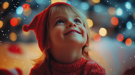 A young child wearing a red hat looks up in amazement, captivated by colorful lights and a magical atmosphere of celebration.の素材