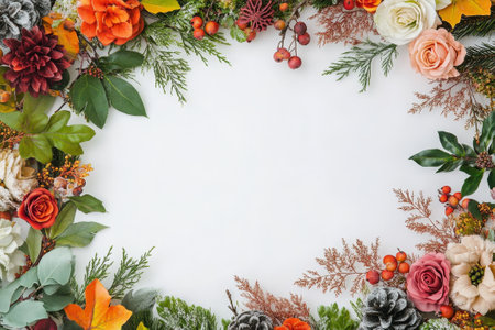 Colorful autumn leaves, pinecones, and seasonal flowers frame a blank space, inviting creativity for decor or invitations.の素材