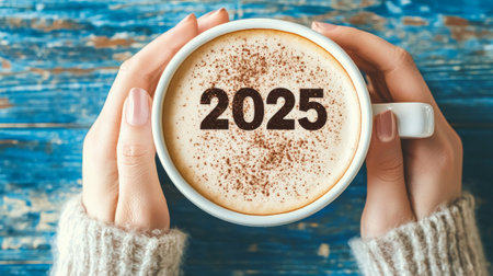 A cozy moment unfolds as hands cradle a steaming coffee mug, with 2025 elegantly dusted on the surface, set against rustic wood tones.の素材