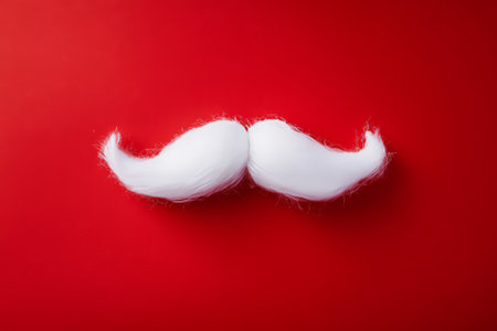 A fluffy white mustache stands out vividly against a vibrant red backdrop, creating a playful and humorous atmosphere perfect for festive occasions.の素材