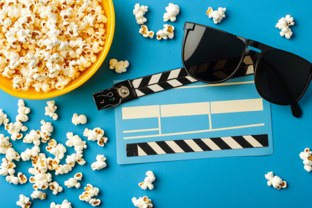 Bright yellow popcorn sits in a playful container alongside a classic clapperboard and trendy sunglasses, creating a fun cinema-themed atmosphere perfect for movie lovers.の素材