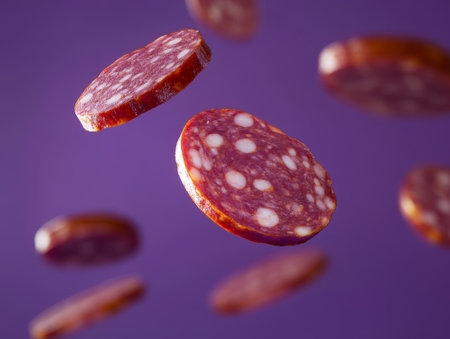 Dry-cured meat slices float against a bold purple background, flaunting rich colors and patterns for a visual feast.の素材