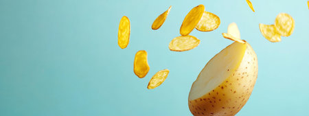 A fresh potato captivates the eye as vibrant yellow chips soar around it against a soothing light blue backdrop. This playful arrangement invites culinary creativity.の素材