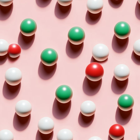 Seamless pattern vibrant display of red, white, and green spheres scattered across a pale pink surface evokes a sense of fun and creativity.の素材