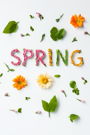Fresh flowers in vibrant colors creatively form the word spring, showcasing the beauty and vitality of nature during the blossoming season.の素材