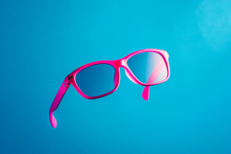 Bold pink sunglasses float on a bright blue background, embodying minimalist elegance and vibrant summer joy.の素材