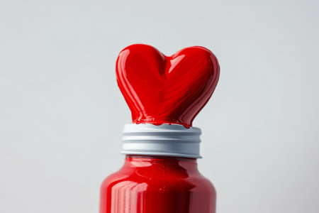 This close-up captures a vibrant red paint tube adorned with a heart symbol, emphasizing creativity and passion in minimalistic style.の素材