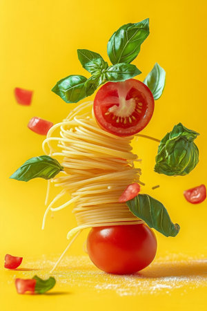 Fresh basil leaves and plump tomatoes elegantly accentuate a stack of pasta, bringing culinary artistry to life with energetic colors.の素材