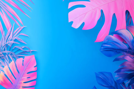 Tropical leaves splash in shades of pink and blue against a solid backdrop, radiating vibrant summer energy ideal for digital designs.の素材