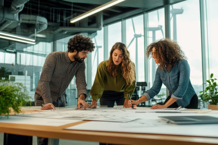Three diverse team members engage in lively discussion and planning around architectural drawings of wind turbines in a bright, modern workspace.の素材
