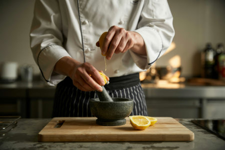 A skilled chef in a crisp white coat expertly squeezes lemon juice into a mortar and pestle, highlighting culinary artistry in a well-lit kitchen.の素材