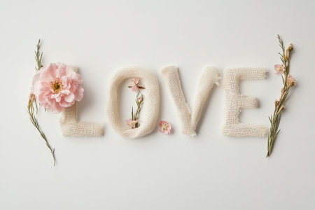 Delicately arranged letters spell out love, embellished with soft textiles and lovely blossoms, creating a serene and artistic atmosphere perfect for any romantic occasion.の素材
