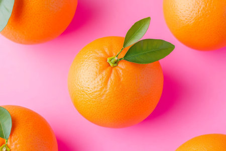 Bright orange fruit captivates attention against a soft pink backdrop, surrounded by playful accents from other oranges adorned with leaves.の素材