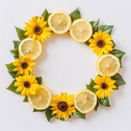 Delicate arrangement of vibrant lemon slices and cheerful sunflower petals creates a refreshing wreath against a plain white backdrop.の素材