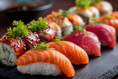 Close-up view of an enticing sushi platter featuring fresh fish varieties and decorative garnishes served in a stylish restaurant.の素材