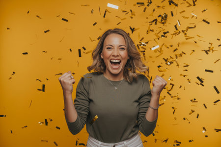 A woman expressing pure happiness with fists raised in excitement as golden confetti showers around her, creating a festive atmosphere.の素材