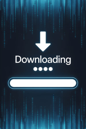 Neon blue graphics illuminate the progress of downloading, showcasing modern technology and the digital realm's advancement in 2024.の素材