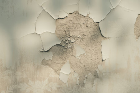 Sunlight filters through a damaged wall, revealing peeling layers and textures that tell a story of age and history in a once vibrant space.の素材
