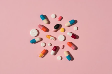 A colorful array of pills and capsules contrasts against a pastel pink surface, showcasing their unique shapes and sizes.の素材