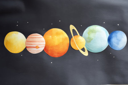 A child's watercolor shows the solar system, with vibrant planets in order against a black background.の素材