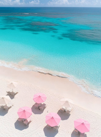 Explore a stunning beach in Grand Cayman featuring immense white sand, vibrant umbrellas, and sparkling turquoise waters under a bright sky.の素材