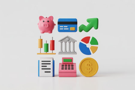 Colorful symbols representing financial concepts are displayed, emphasizing budgeting, investing, and economic growth in a clean layout.の素材