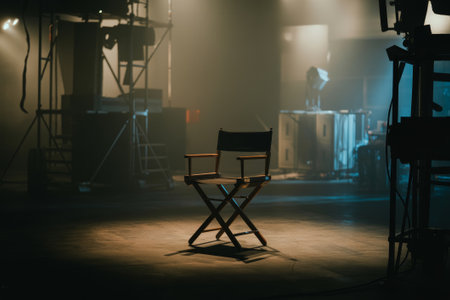 Under soft blue lighting, an unoccupied director's chair stands alone, ready for creativity on a bustling film set at night.の素材
