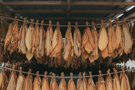 Golden tobacco leaves hang from ropes, soaking up the sun on a countryside farm, highlighting traditional drying methods.の素材