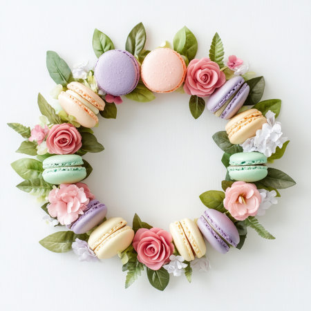 Vibrant macarons blend with soft pastel flowers in a beautiful circular arrangement, enhancing the charm of any contemporary setting.の素材