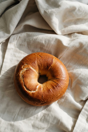 A solitary brown bagel perfectly formed, with a deep center hole, rests on a textured linen cloth, illuminated by gentle natural light.の素材