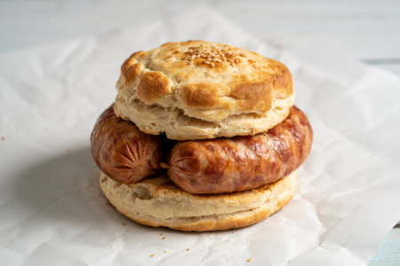 A mouthwatering biscuit, golden brown and topped with sesame seeds, embraces a juicy sausage, ready to delight breakfast enthusiasts everywhere.の素材