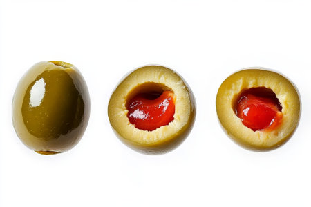 Three green olives are displayed on a white background, highlighting a variation of stuffing with one showcasing a bold red sauce.の素材
