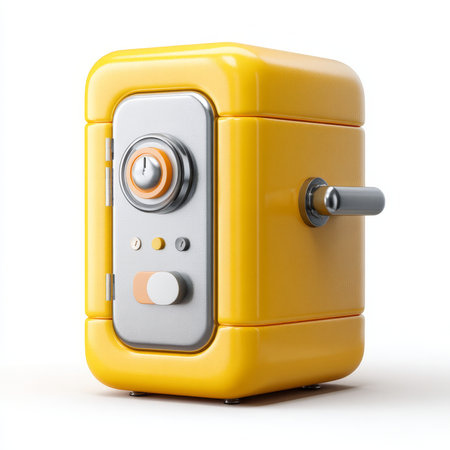 A charming cartoon-style safe bank box in bright yellow sits against a clean white background, emphasizing financial security in a fun way.の素材