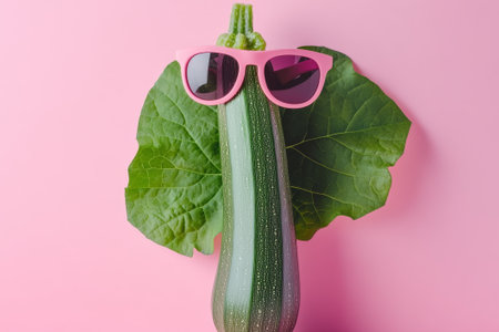 A vibrant zucchini in pink sunglasses leans against a pink backdrop, sporting a leafy elephant trunk.の素材