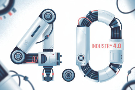 A vibrant digital artwork represents the merging of automation and artistry in Industry 4.0. Mechanical elements reflect innovation and the future of production dynamics.の素材