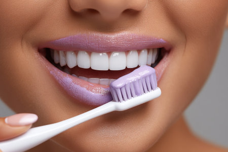 Model performs tooth brushing with purple toothpaste, showcasing a smooth blend of foam and paste while maintaining a gleaming smile.の素材