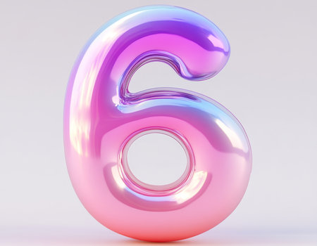 A vibrant number six in a glossy, iridescent style stands alone in a soft, minimalist background, reflecting light beautifully.の素材