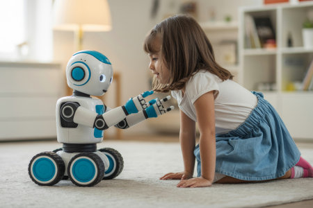 In a bright, cozy room, a young girl plays happily with a friendly robot, exploring movements and expressions. They share a moment full of curiosity and excitement during their interaction.の素材